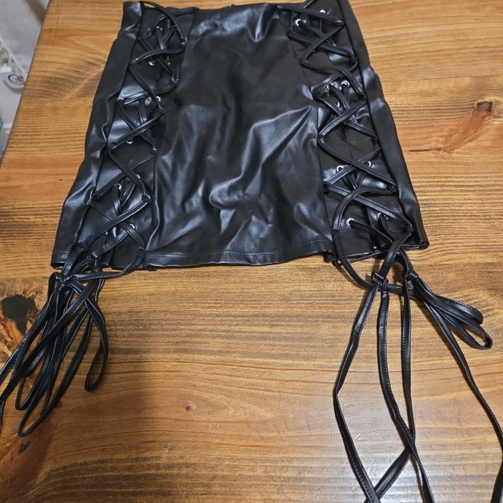Black Lace-Up Faux Leather Skirt